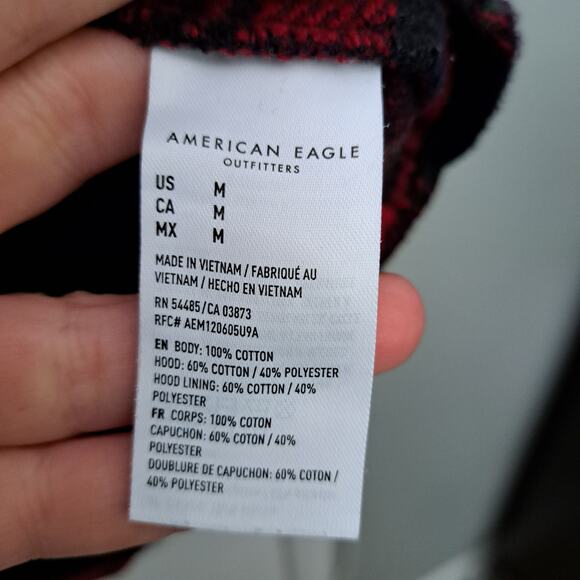 American Eagle Oversized Plaid Flannel Red/Navy Button Cabin Hoodie Women's Med - Picture 4 of 5